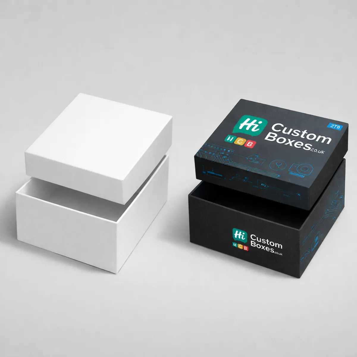 3D render of a white blank and branded black open lid rigid hard drive box. class=